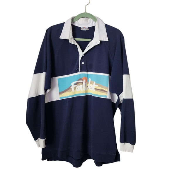 FAR WEST x VINTAGE FarWest Navy and White Rugby Shirt polo long sleeve - Picture 1 of 12
